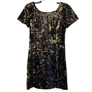Milly Women Size 12 Black Gold Sequin Mini Dress Short Sleeve Low Back NYE